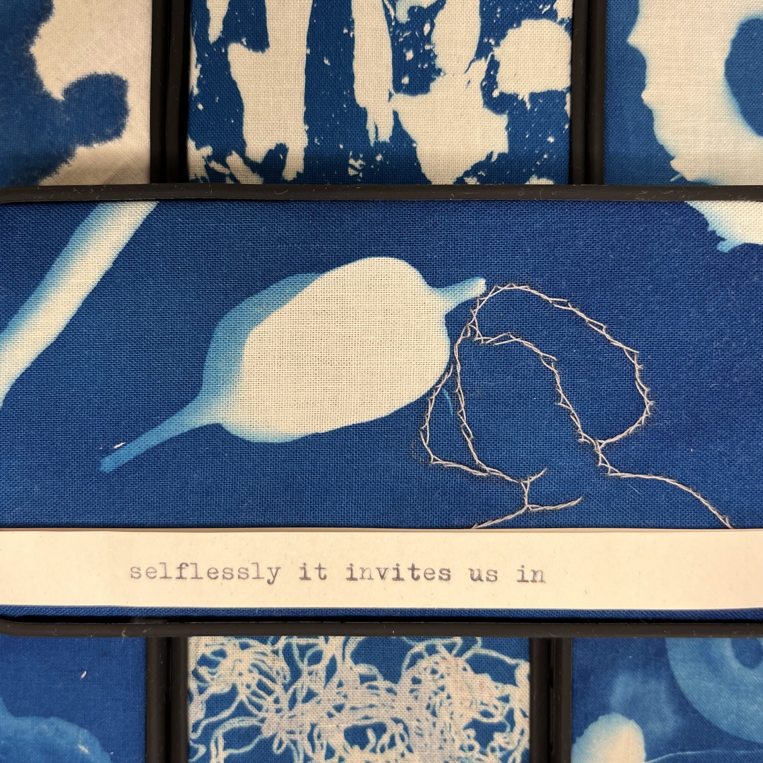 Anne Buckingham. Self(ies) in Nature (detail) (2024). Cyanotype on fabric. 10cm x 5cm x 1cm