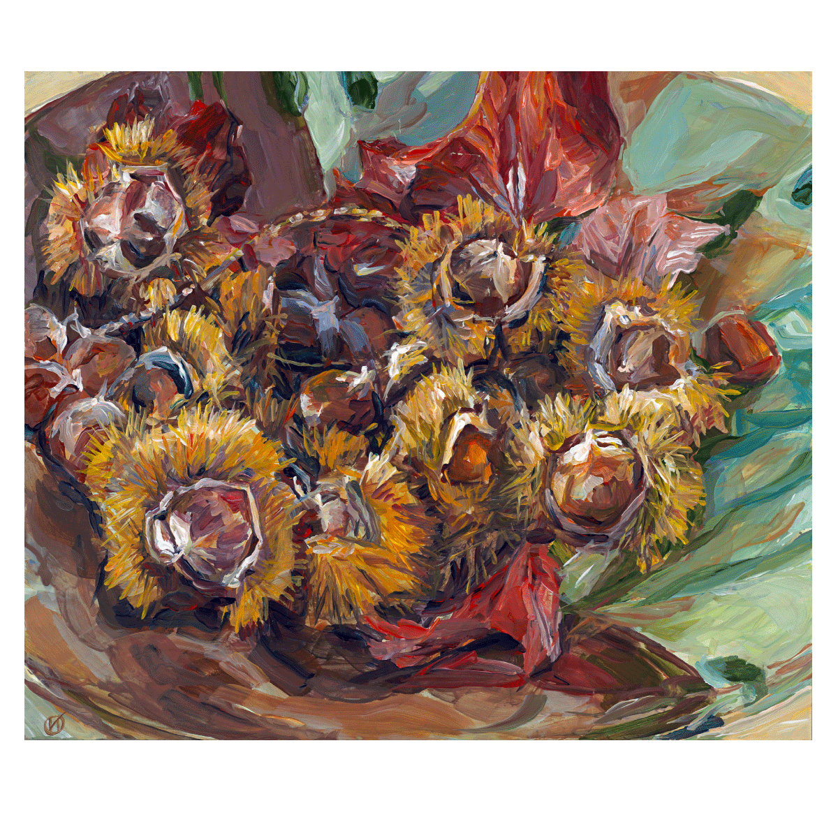 Henrietta Manning. Sweet Chestnuts, Home Grown Series. Acrylic on masonite. 25.5 x 30cm. Photographer Simon Olding