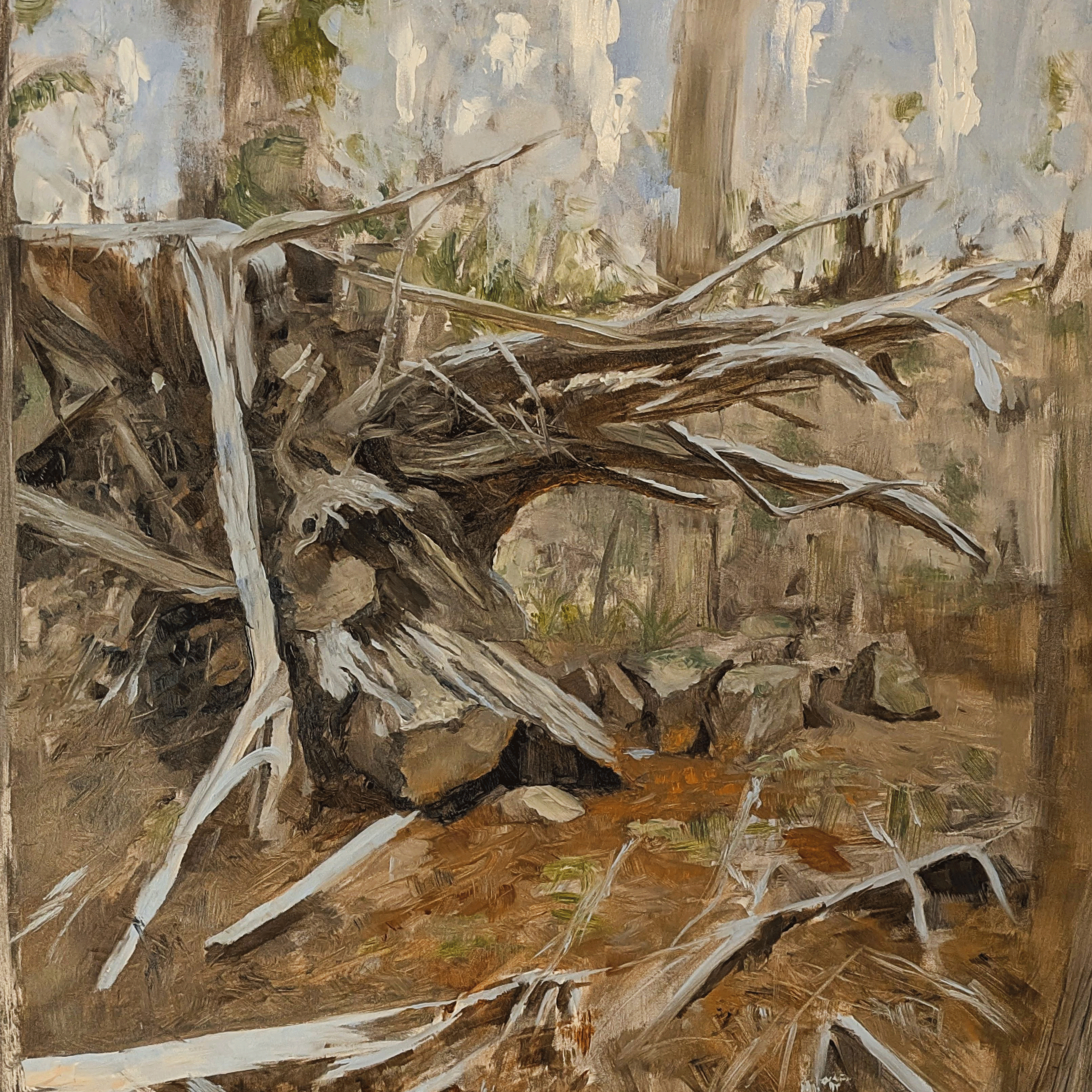 Adam Whish-Wilson. Felled (detail) (2024). Oil on Panel.  60 x 70cm.