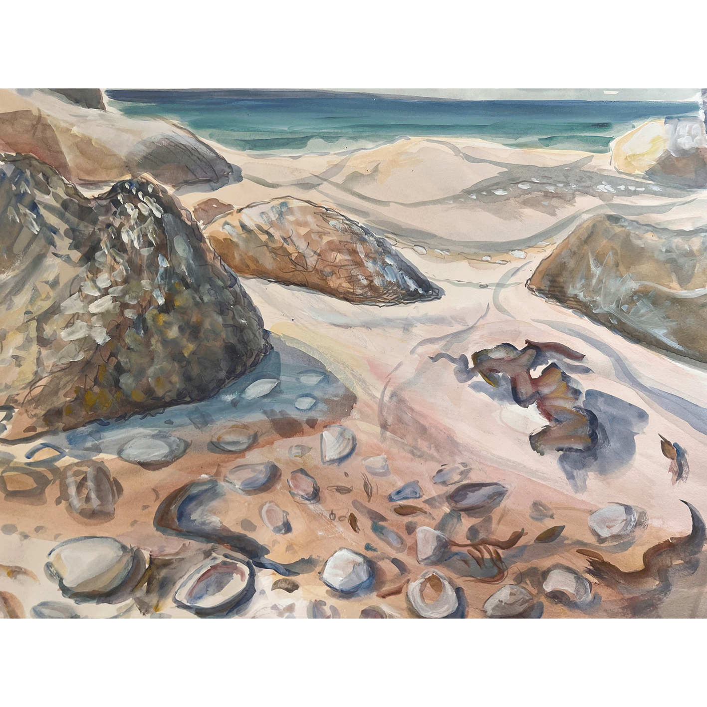 Patricia Giles. Beach Musing (n.d.). Watercolour. 45 x 57 cm. Photograph by Courtney Simpson. 