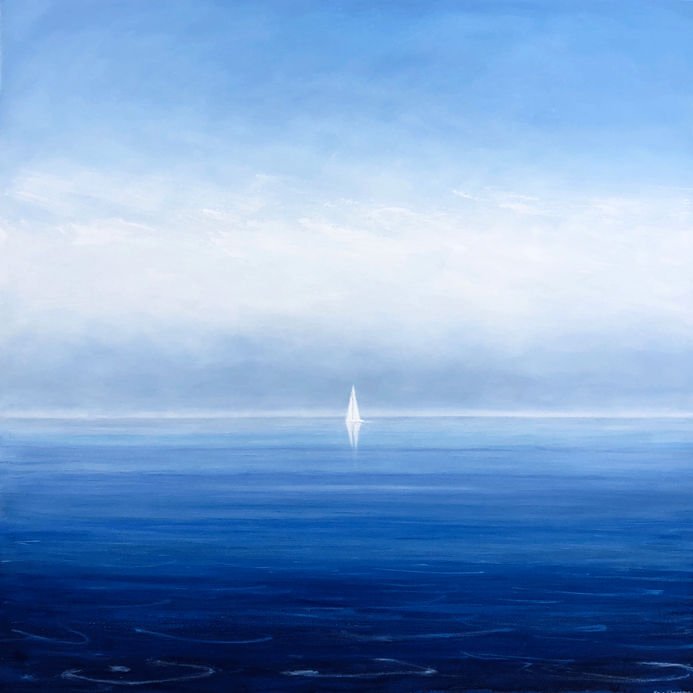 Jane Flowers. Sailing the Ocean Blue (2024). Oil on Canvas. 150cm x 150cm.